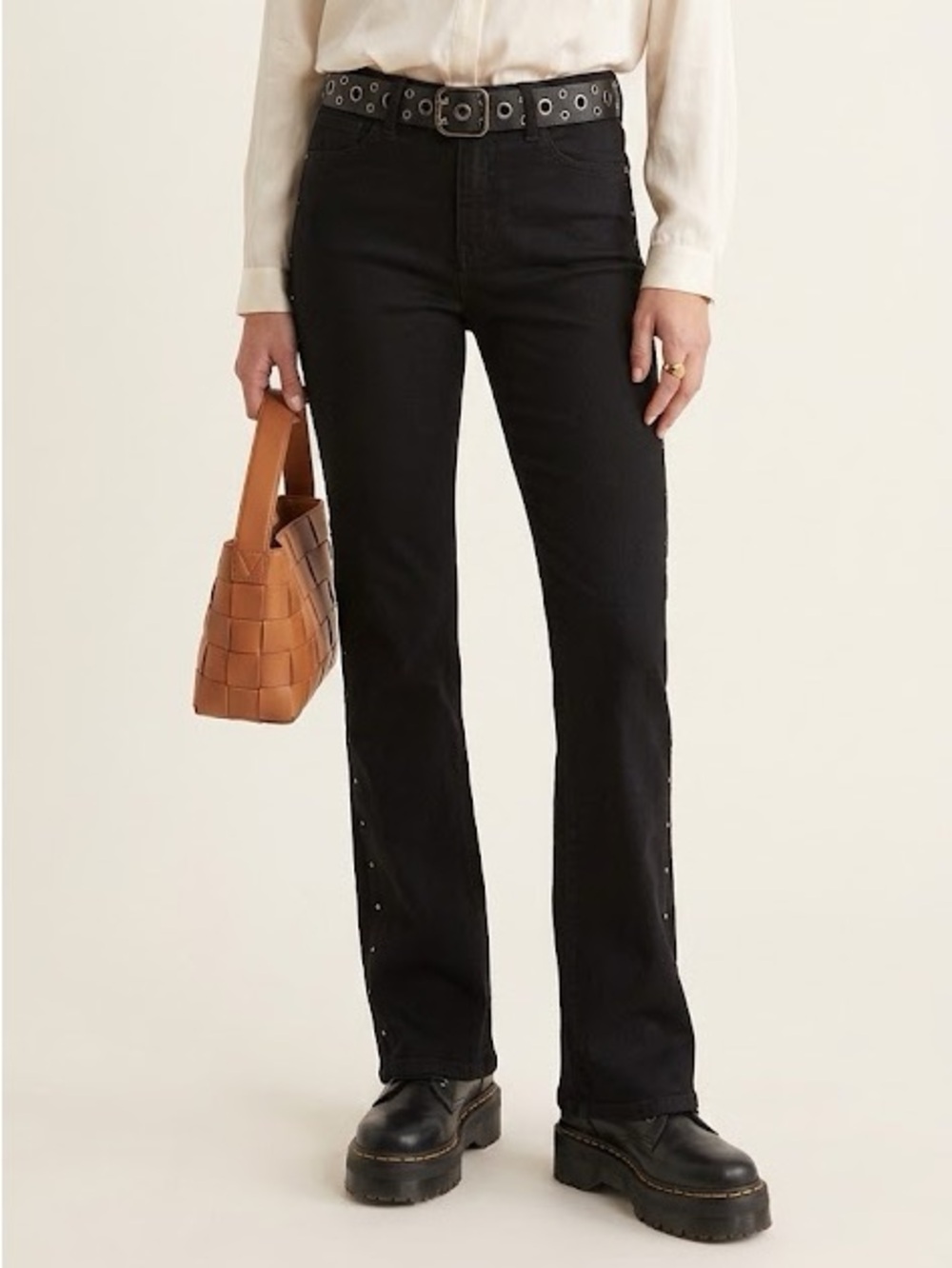 Nordstrom BP Cowgirl Inset Mid Rise Flare Jeans In Black Studded Rinse, Size 26